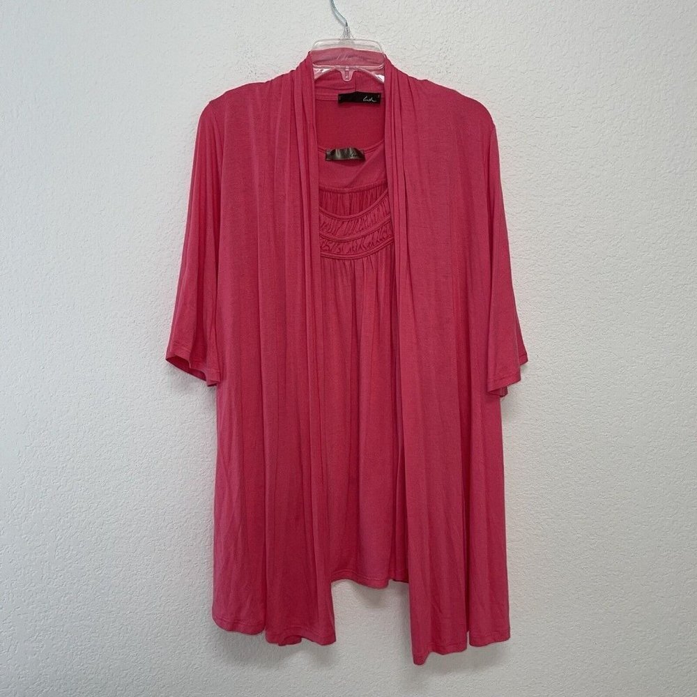 Lush Womens 2XL Cardigan And Shell 2pc Set Open Front Gathered Neckline Pink